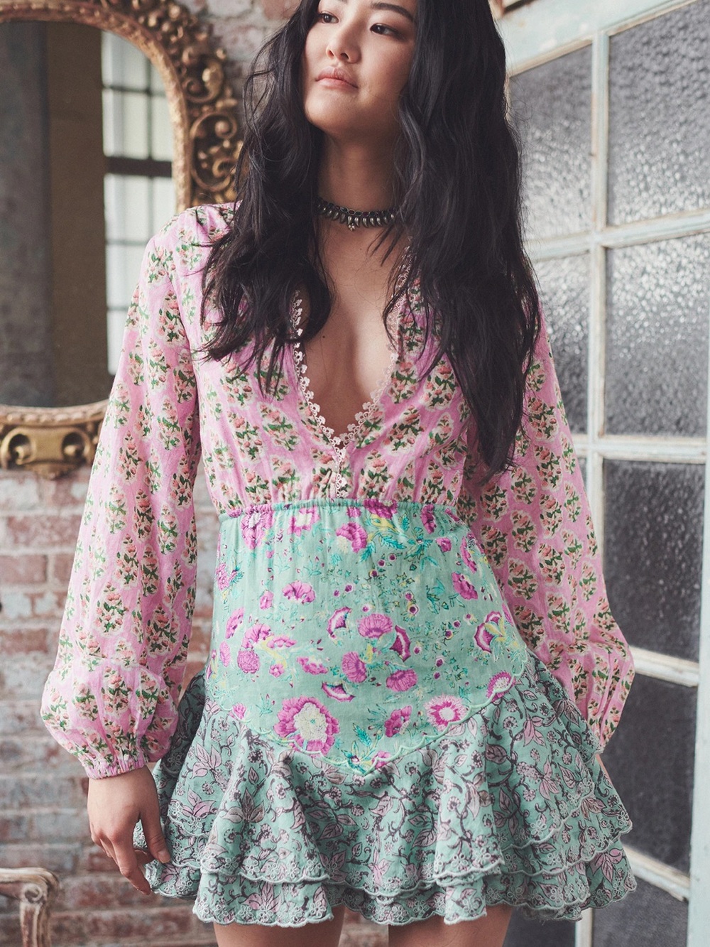 Hemant and Nandita Floral Mixed-Print Pink & Mint Mini Dress